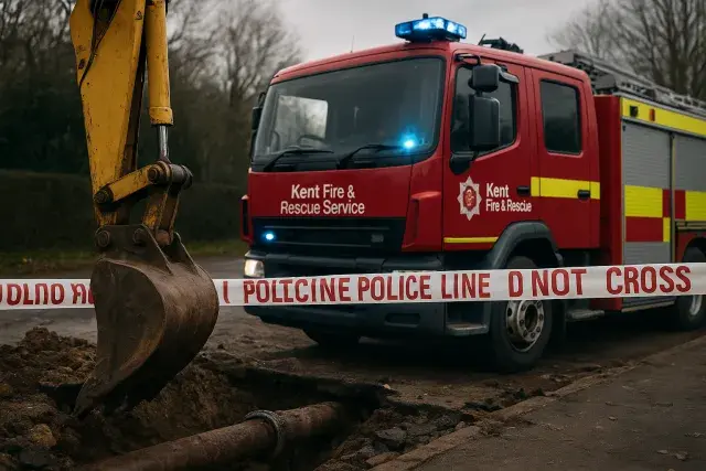 Kent Fire and Rescue Service is in attendance at a suspected gas leak at Westwood, suspected to have been caused by a digger punching a hole through a mains pipe.